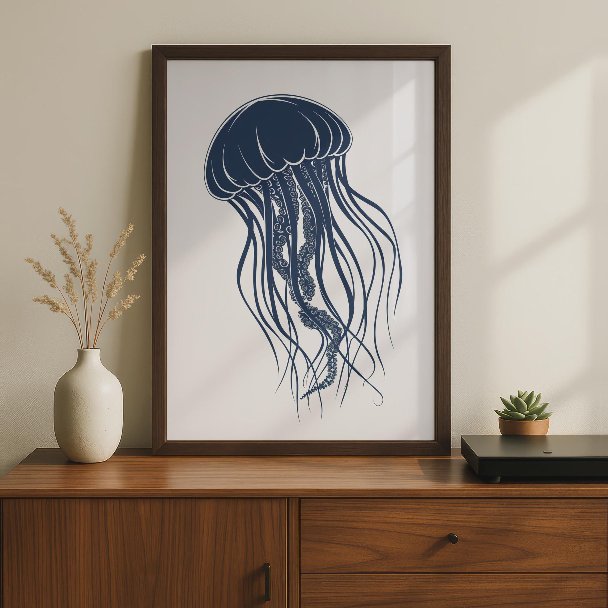 Jellyfish Poster, Navy Blue Ocean Animal Print, Minimalist Sea Wall Art, Coastal Decor wall art print