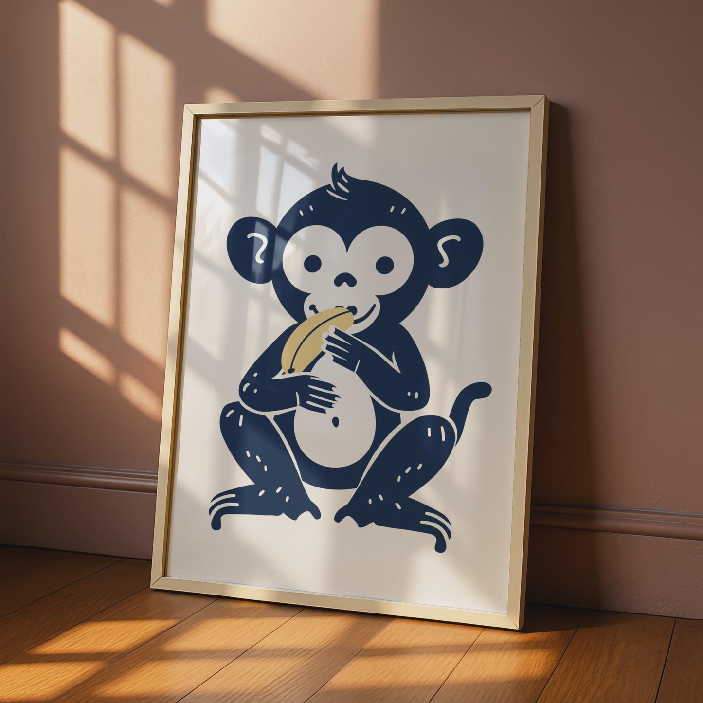 Monkey Eating Banana Poster, Navy Blue Animal Art wall art print