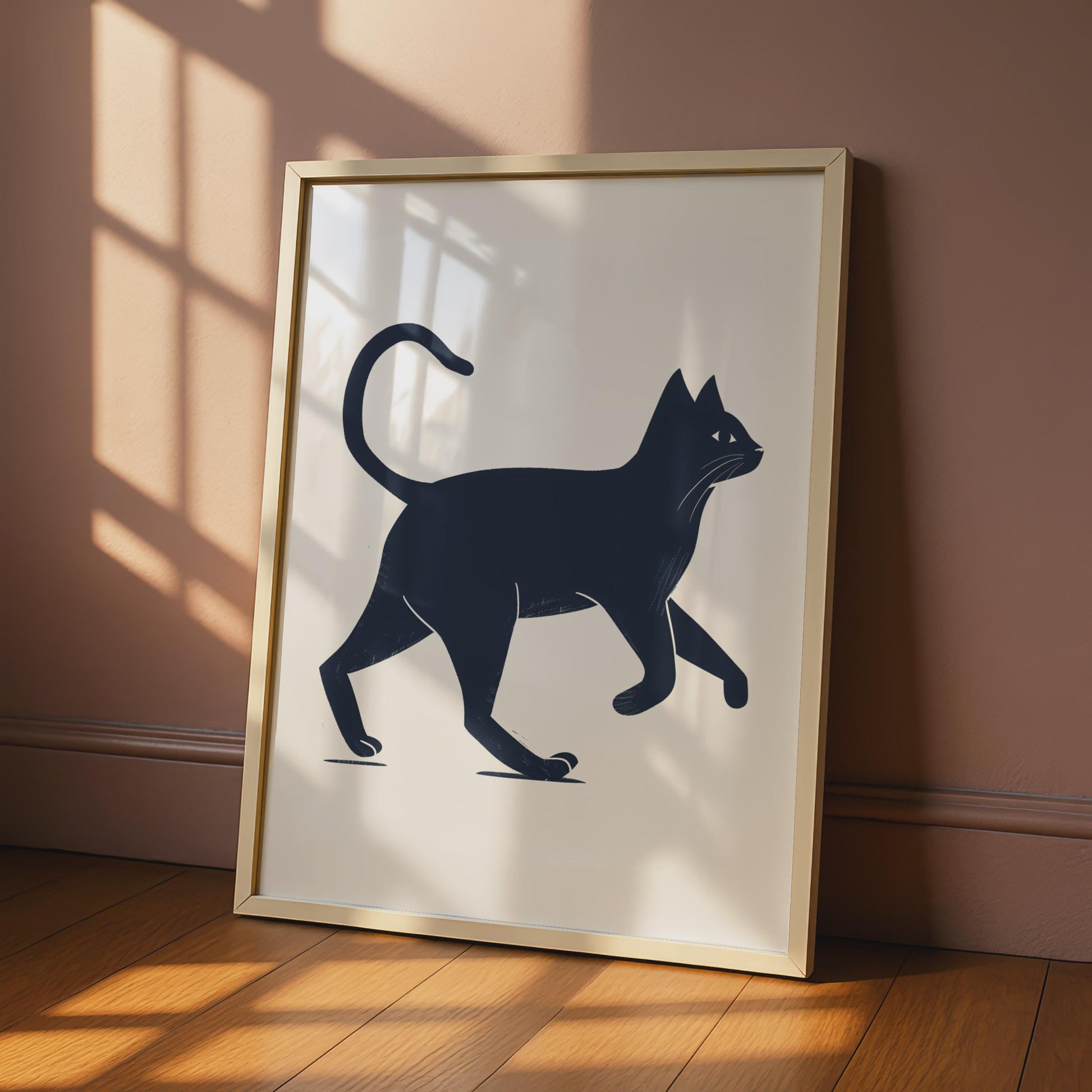 Minimalist Black Cat Print, Navy Blue Walking Animal Art, Linocut Style Poster wall art print