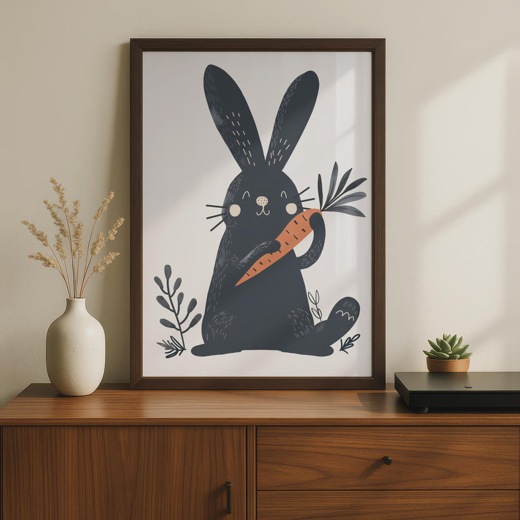 Dark Navy Rabbit Holding Carrot Print, Scandinavian Folk Art Nursery Decor wall art print