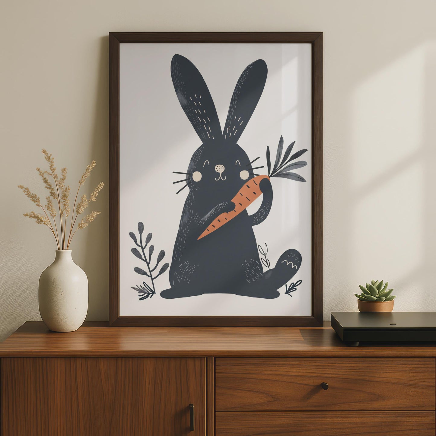 Dark Navy Rabbit Holding Carrot Print, Scandinavian Folk Art Nursery Decor wall art print