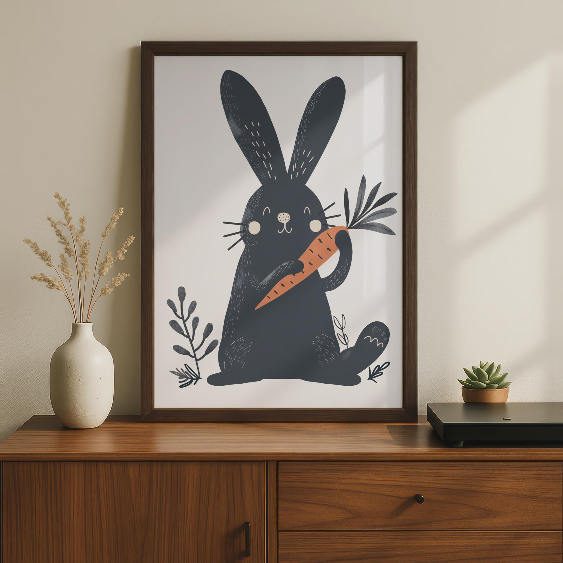 Dark Navy Rabbit Holding Carrot Print, Scandinavian Folk Art Nursery Decor wall art print