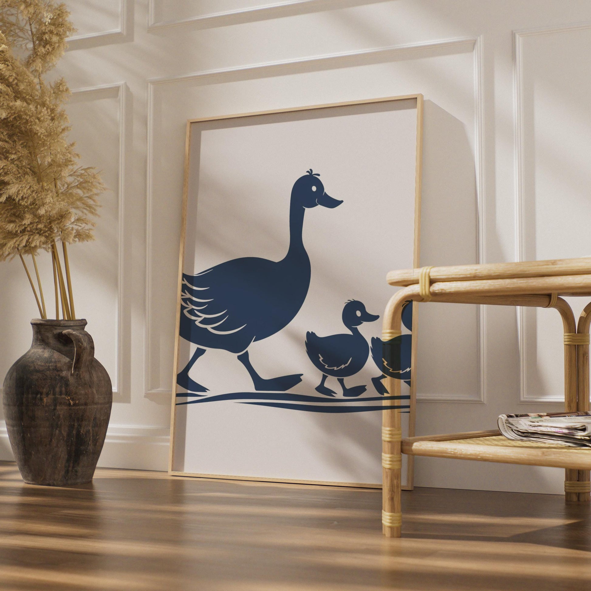 Duck Family Poster, Mother Duck Ducklings Wall Art, Navy Silhouette Animal Print wall art print