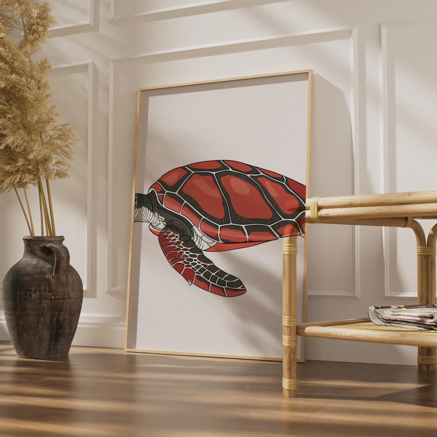 Sea Turtle Poster, Red Ocean Animal Print, Nautical Wall Art, Marine Wildlife Decor wall art print