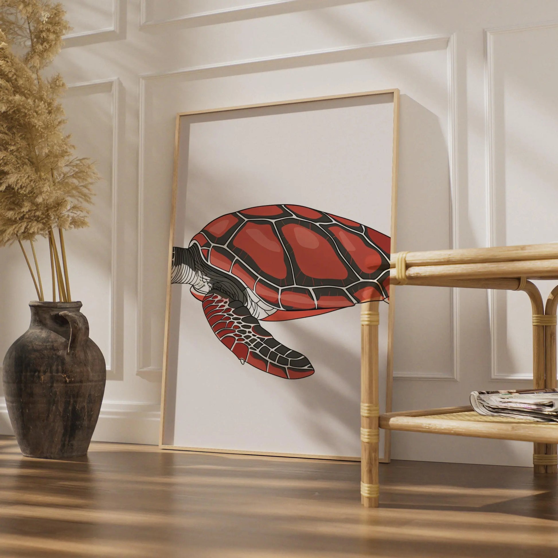 Sea Turtle Poster, Red Ocean Animal Print, Nautical Wall Art, Marine Wildlife Decor wall art print