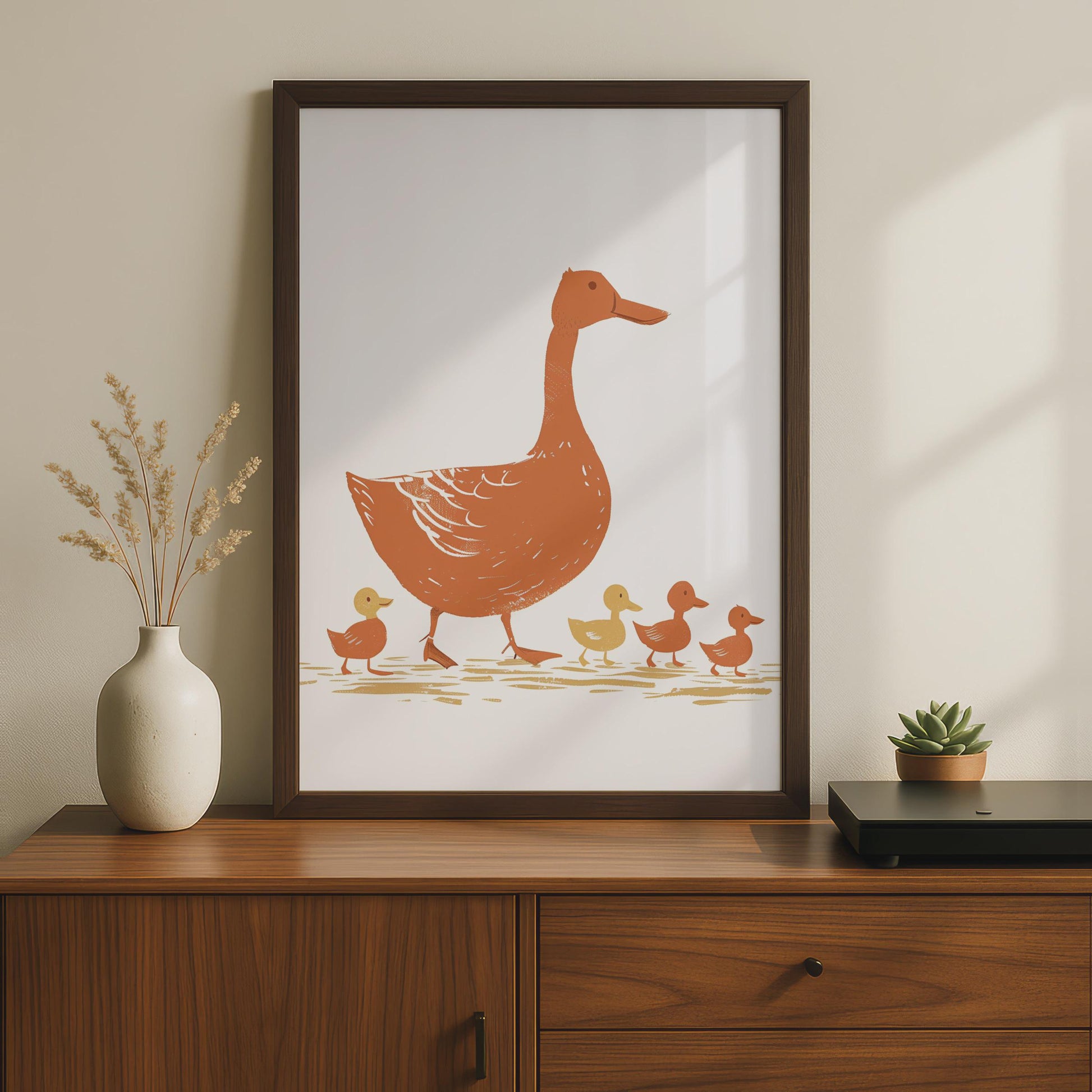 Duck Family Print, Folk Art Nursery Wall Art, Terracotta Ducklings Poster wall art print