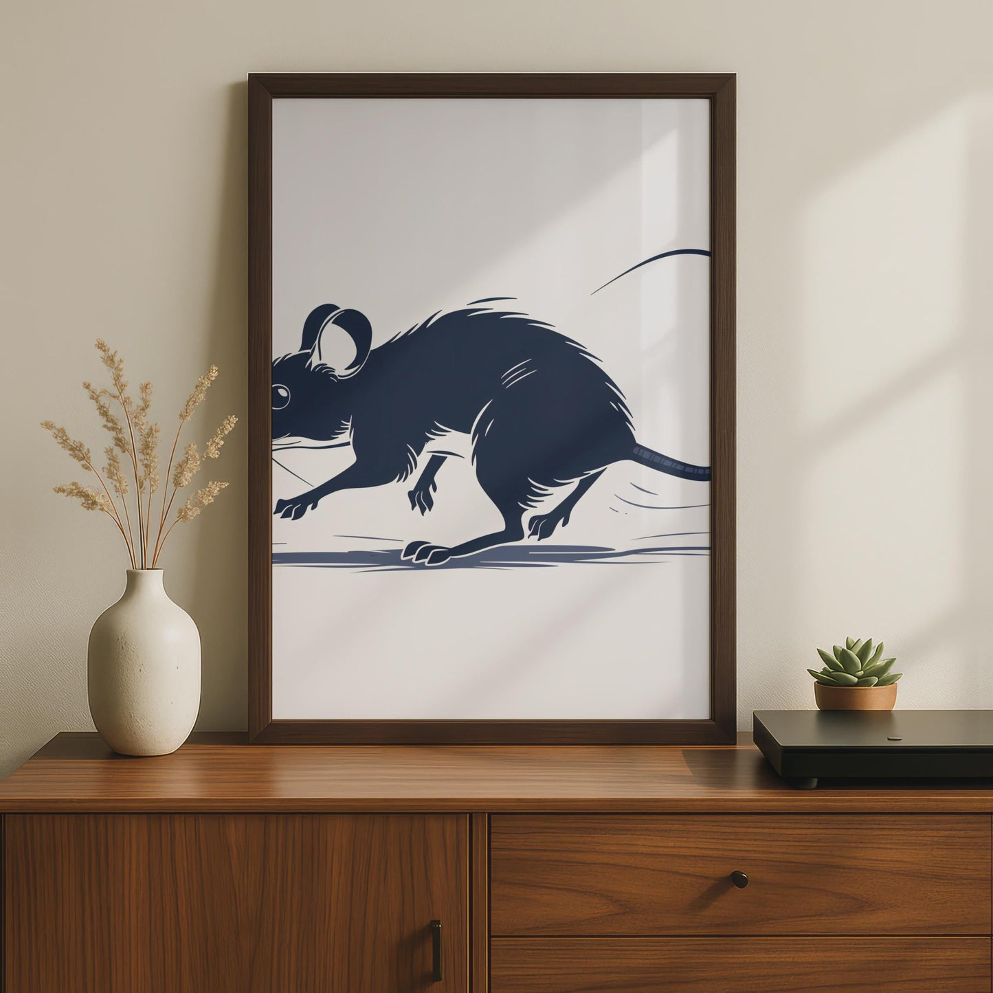 Navy Blue Rat Illustration Print, Minimalist Rodent Wall Art, Dark Ink Style Decor wall art print
