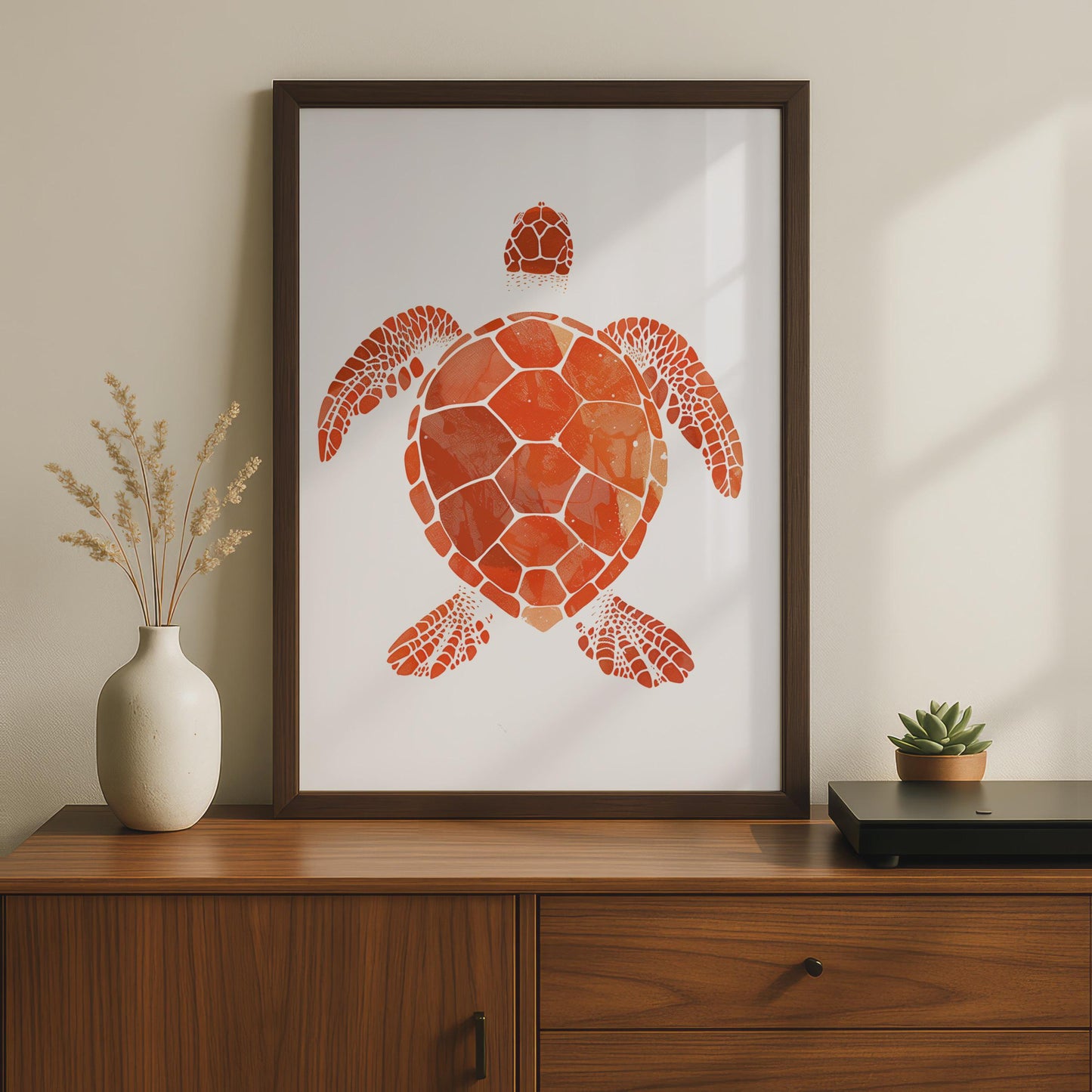 Sea Turtle Poster, Red Orange Animal Print, Minimalist Ocean Wall Art, Coastal Decor wall art print