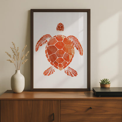 Sea Turtle Poster, Red Orange Animal Print, Minimalist Ocean Wall Art, Coastal Decor wall art print