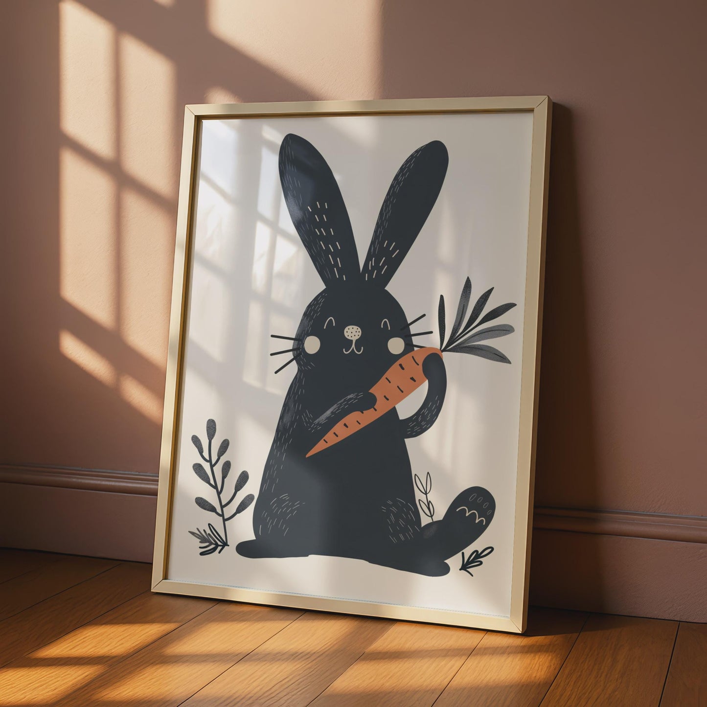 Dark Navy Rabbit Holding Carrot Print, Scandinavian Folk Art Nursery Decor wall art print