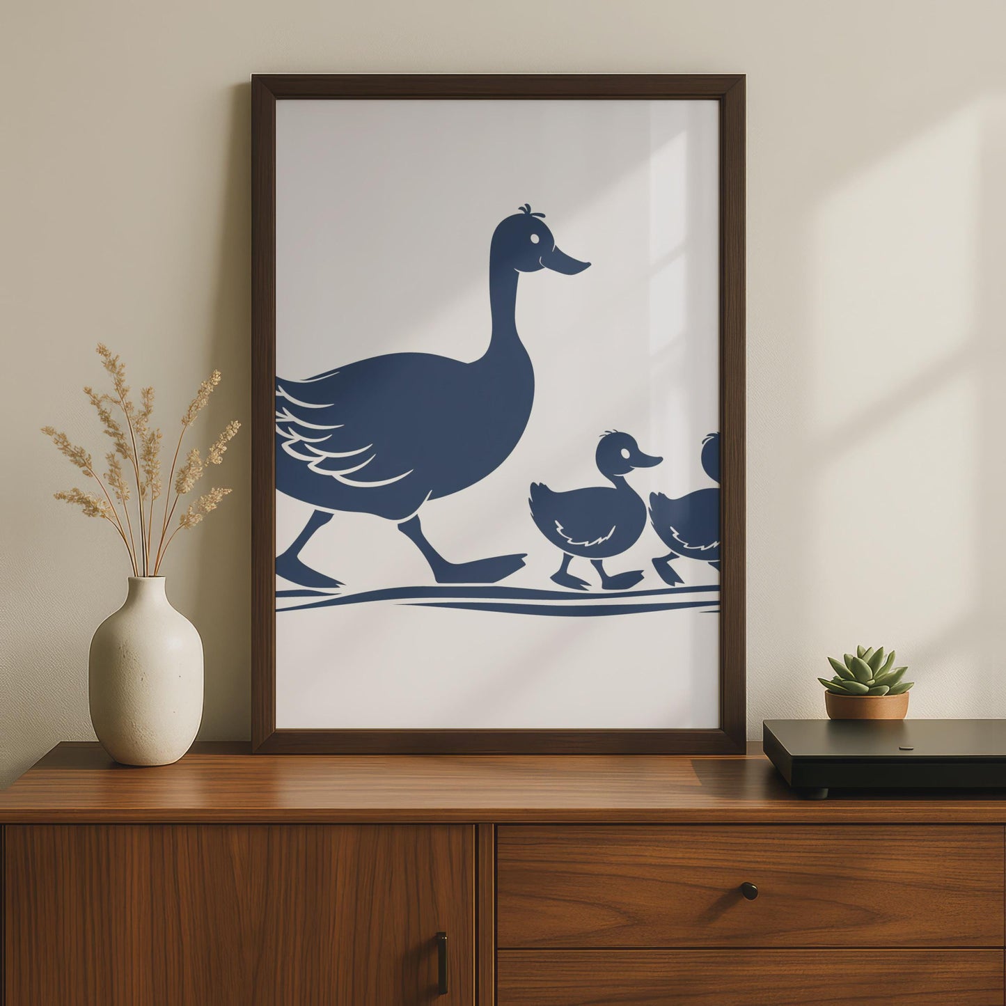 Duck Family Poster, Mother Duck Ducklings Wall Art, Navy Silhouette Animal Print wall art print