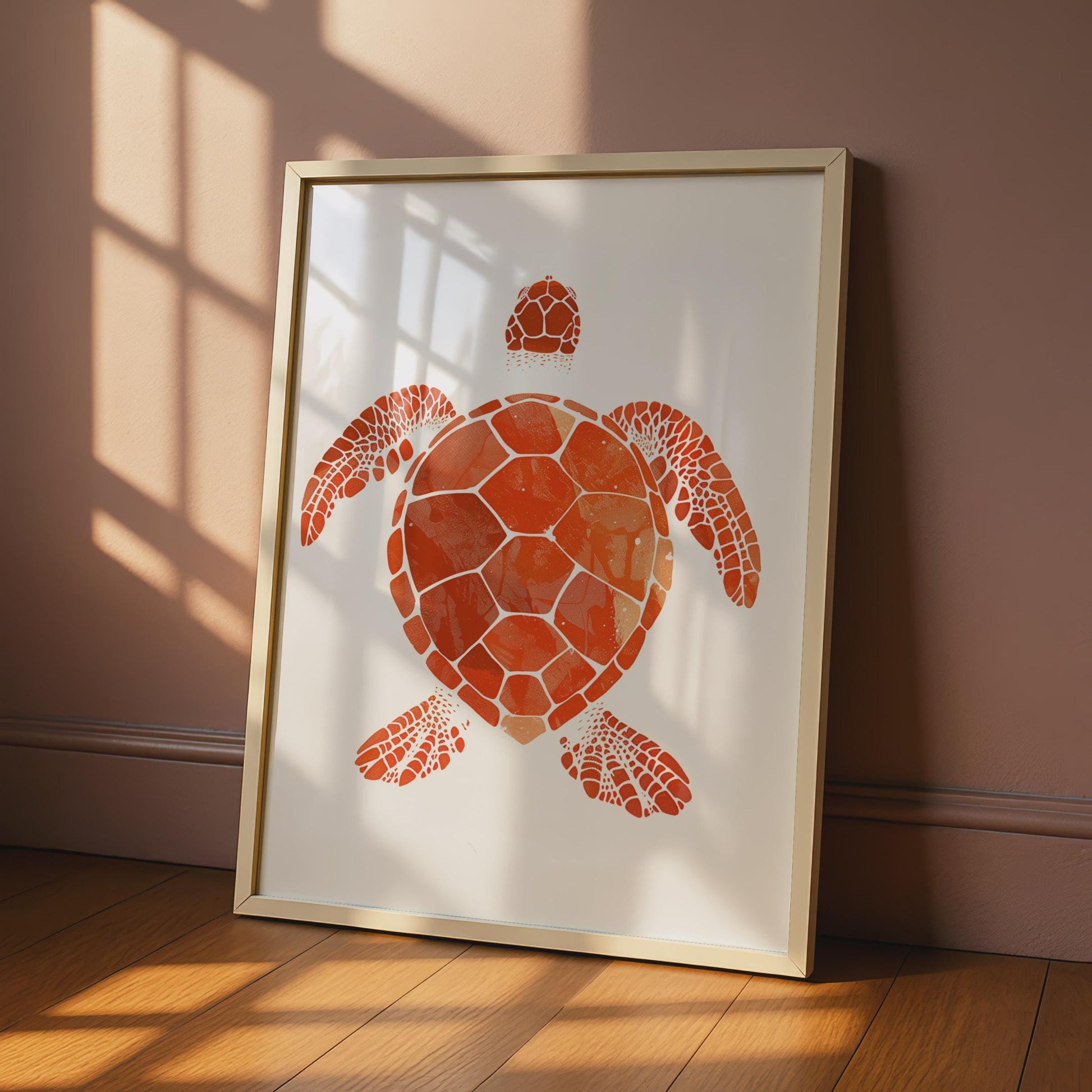 Sea Turtle Poster, Red Orange Animal Print, Minimalist Ocean Wall Art, Coastal Decor wall art print