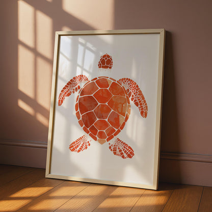 Sea Turtle Poster, Red Orange Animal Print, Minimalist Ocean Wall Art, Coastal Decor wall art print