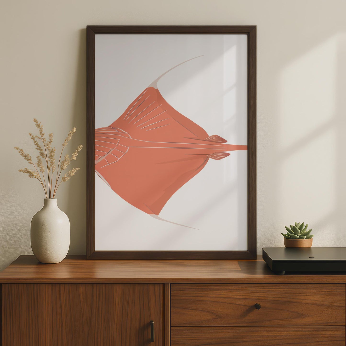 Stingray Poster, Coral Red Ray Fish Print, Ocean Animal Wall Art, Minimalist Sea Life wall art print