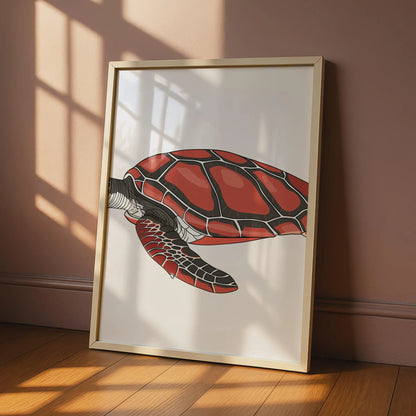 Sea Turtle Poster, Red Ocean Animal Print, Nautical Wall Art, Marine Wildlife Decor wall art print
