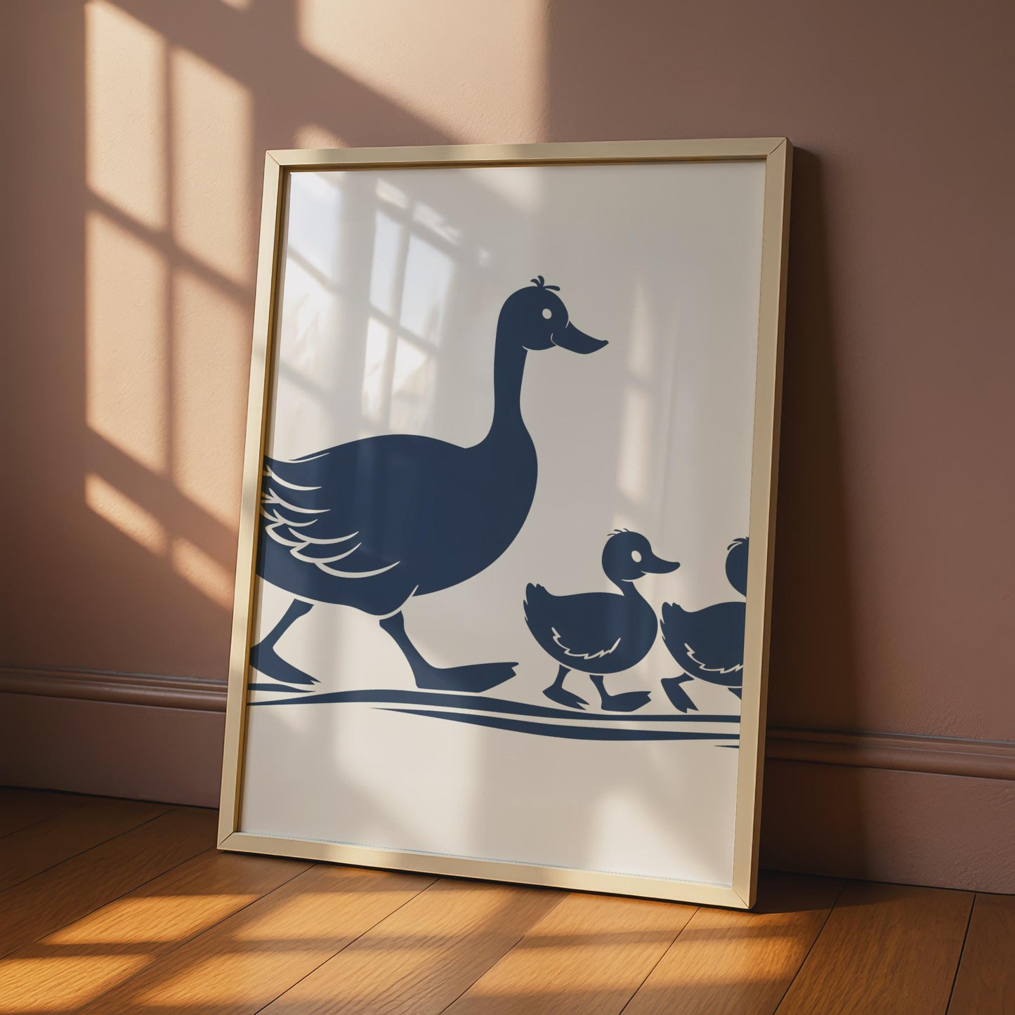 Duck Family Poster, Mother Duck Ducklings Wall Art, Navy Silhouette Animal Print wall art print