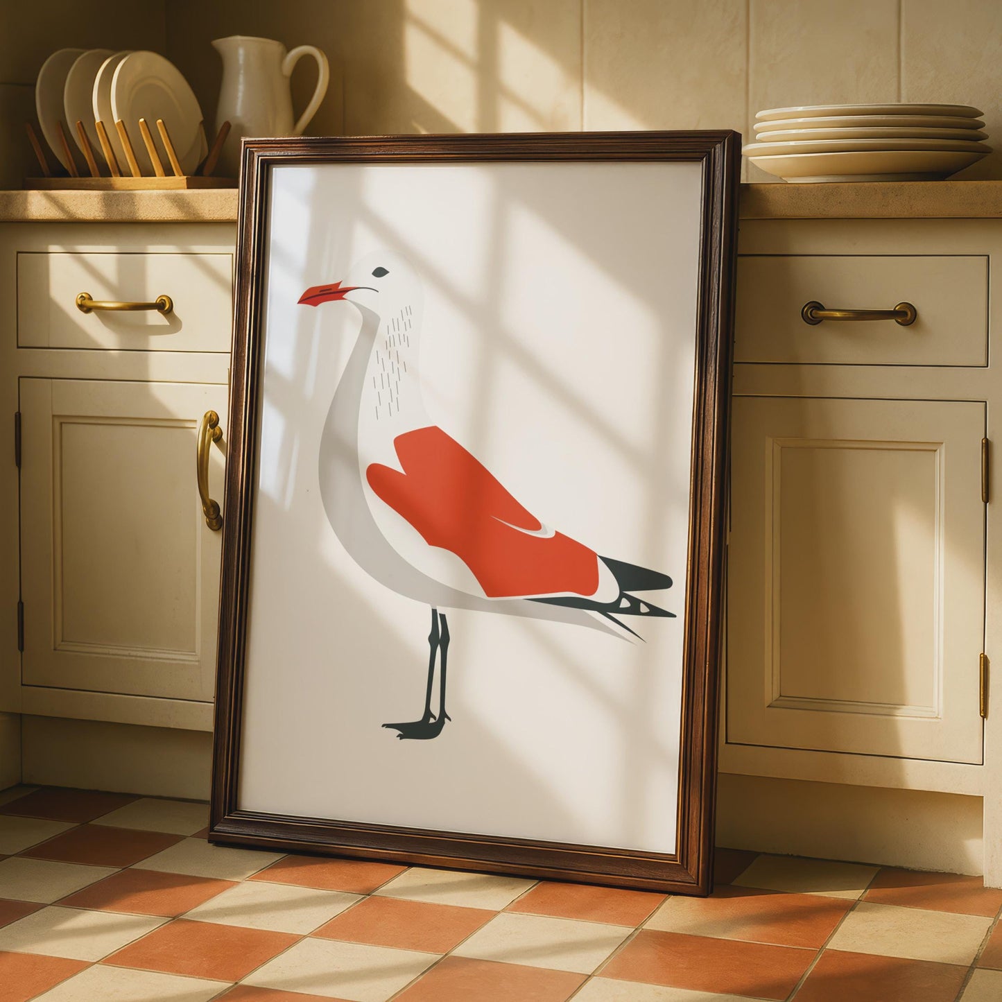 Seagull Animal Poster, Minimalist Bird Print, Coastal Wall Art, Red and White Decor wall art print