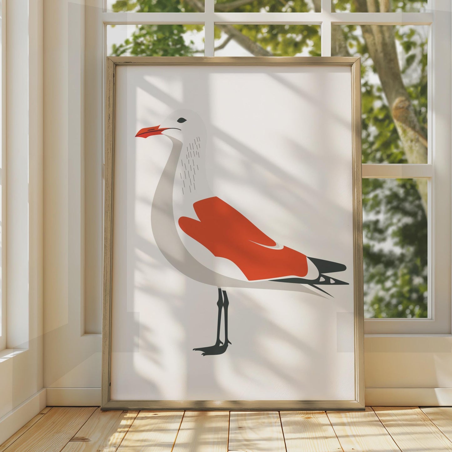 Seagull Animal Poster, Minimalist Bird Print, Coastal Wall Art, Red and White Decor wall art print