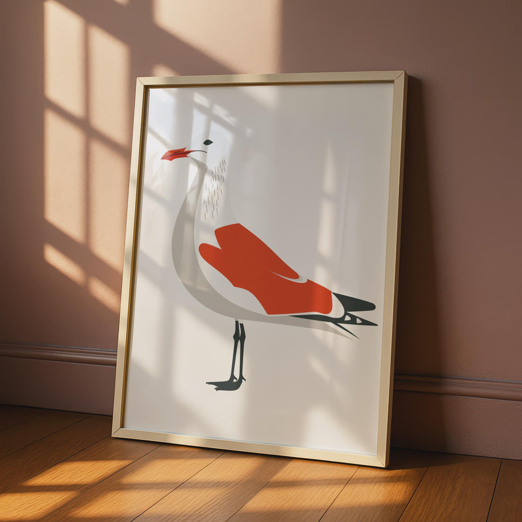Seagull Animal Poster, Minimalist Bird Print, Coastal Wall Art, Red and White Decor wall art print