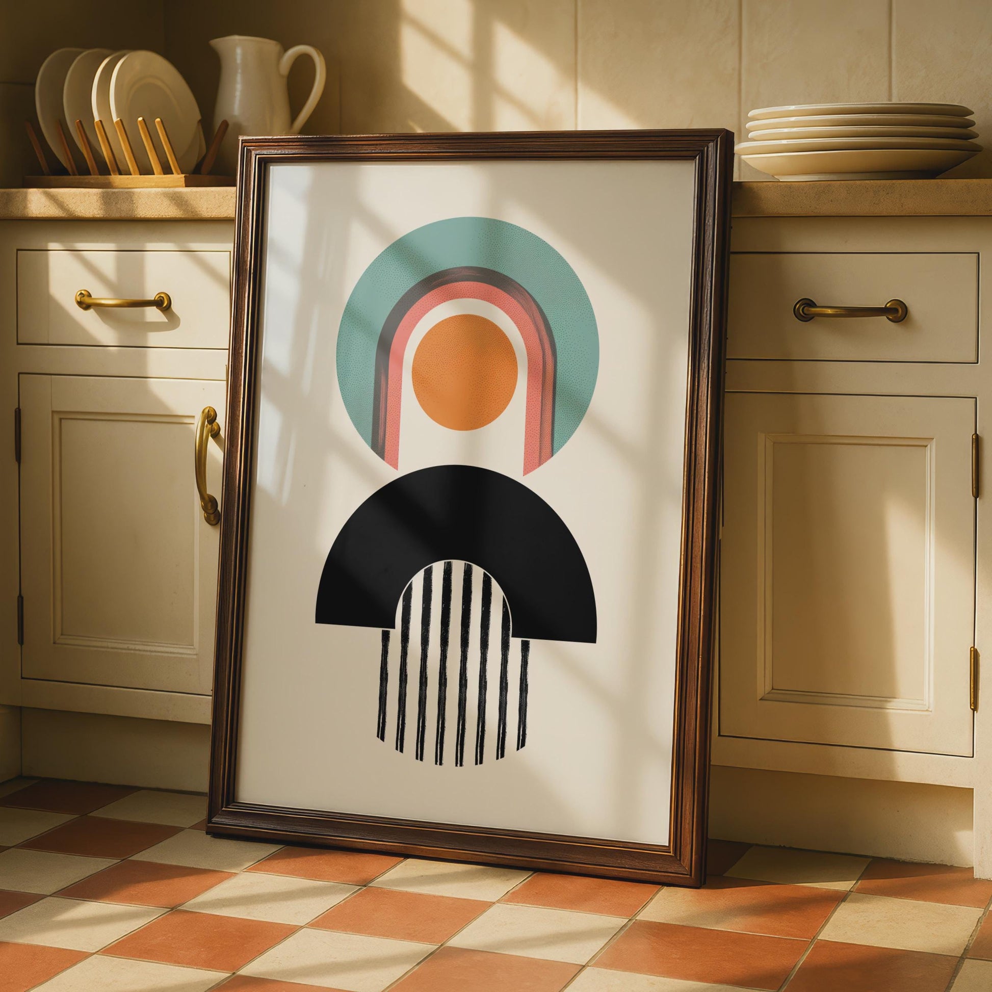 Boho Abstract Print, Geometric Arch Poster, Retro Shapes, Teal Orange Wall Art wall art print