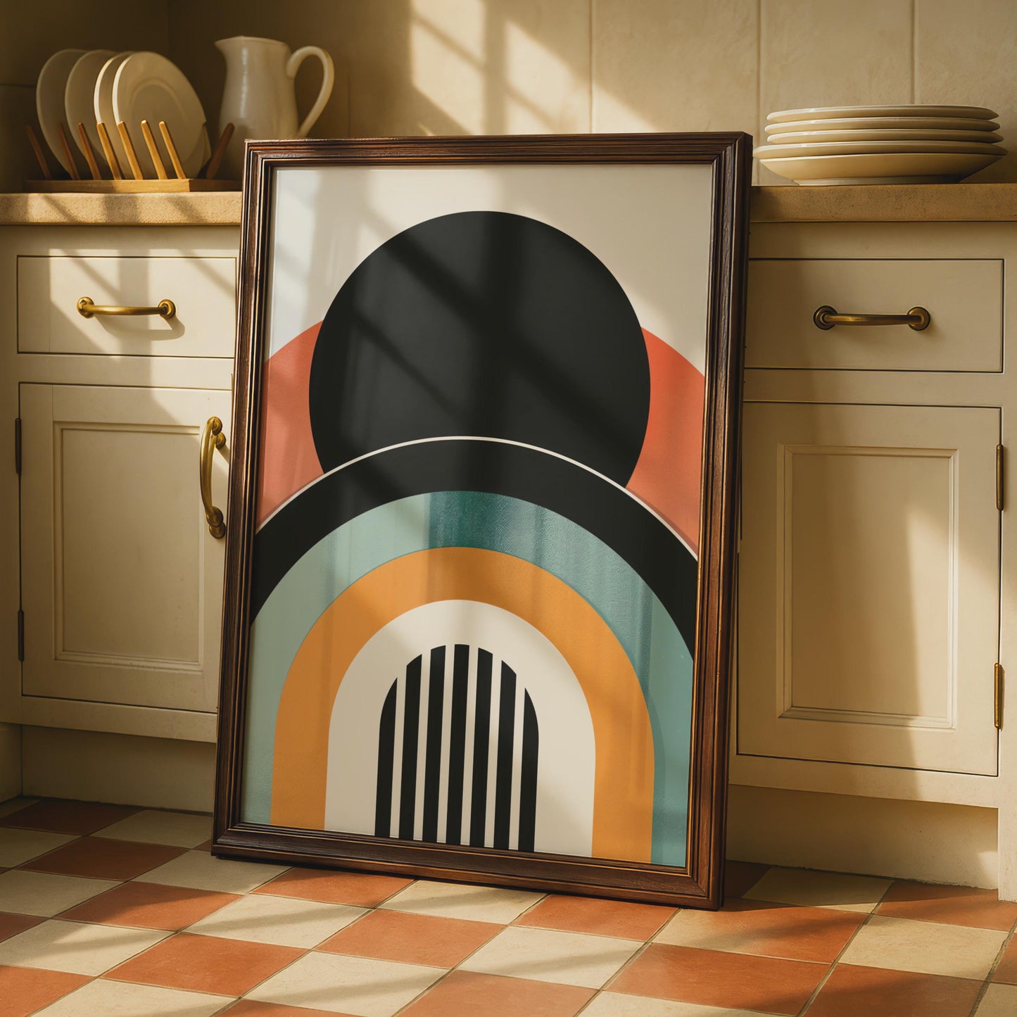 Boho Abstract Art Print, Retro Arch Geometric Poster, Terracotta Teal Mid Century Wall Art wall art print