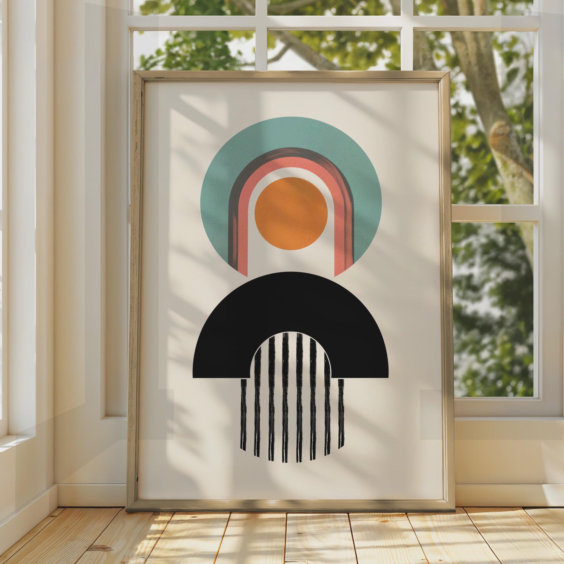 Boho Abstract Print, Geometric Arch Poster, Retro Shapes, Teal Orange Wall Art wall art print