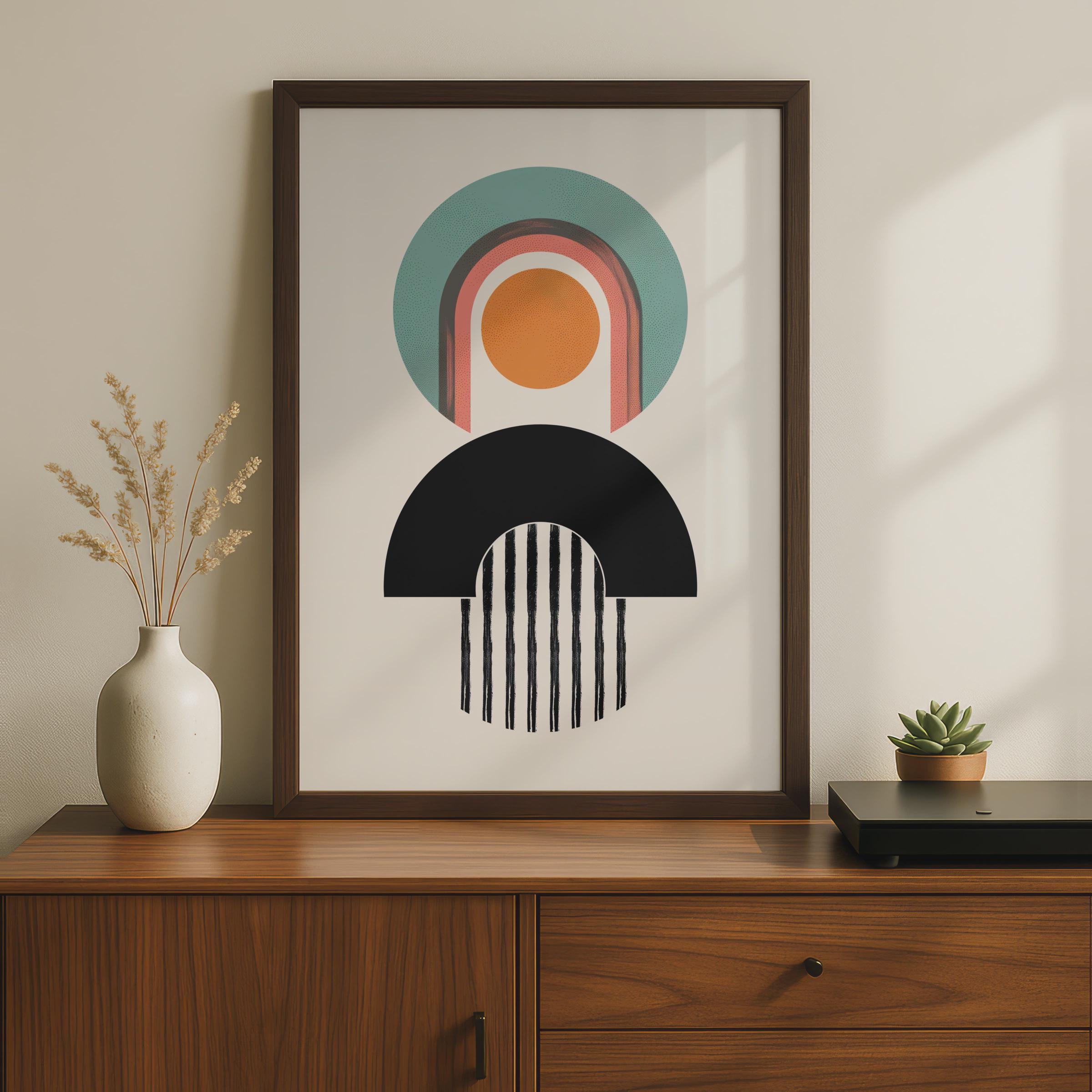 Boho Abstract Print, Geometric Arch Poster, Retro Shapes, Teal Orange Wall Art wall art print