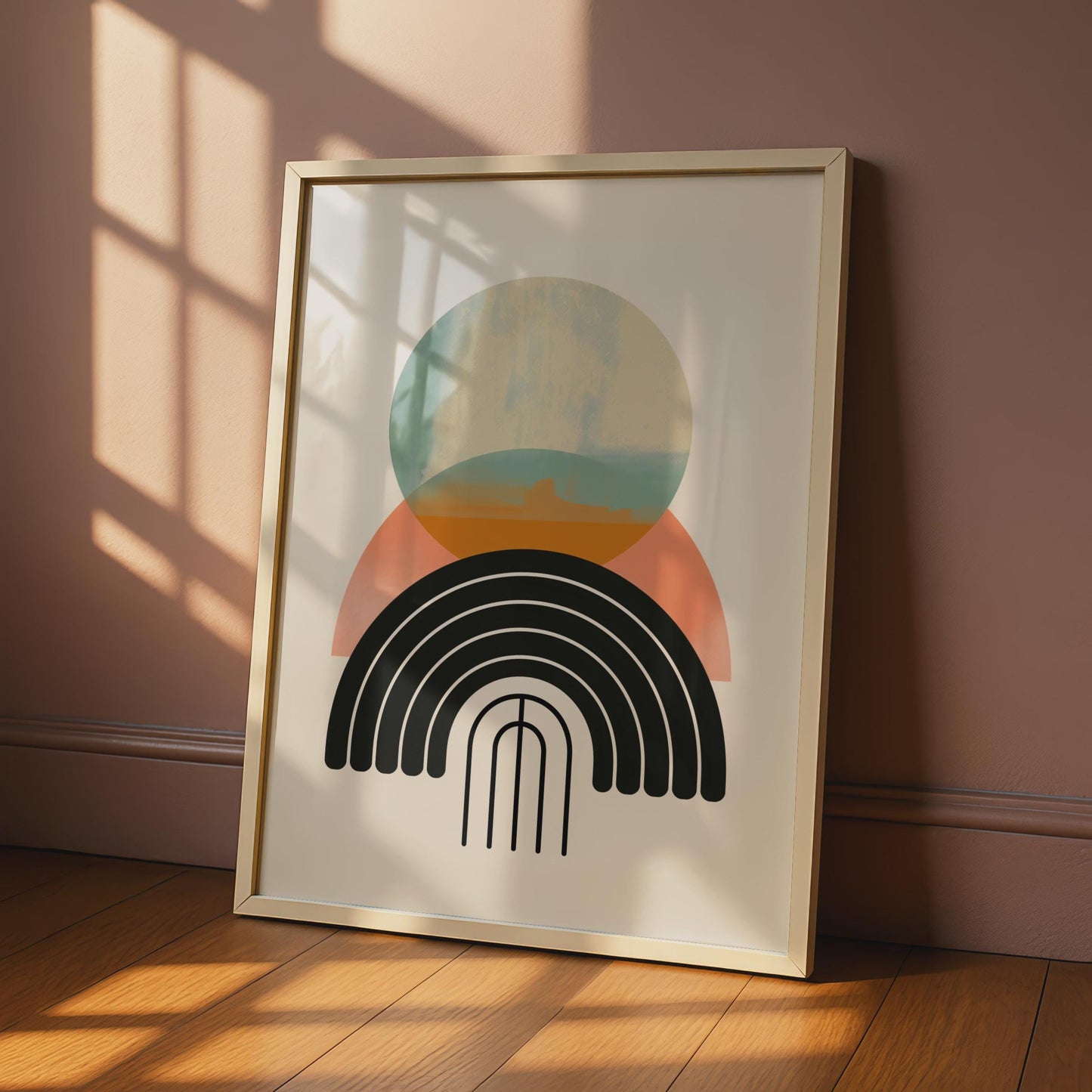 Boho Abstract Print, Geometric Rainbow Arch Poster, Terracotta Teal Wall Art, Mid Century wall art print