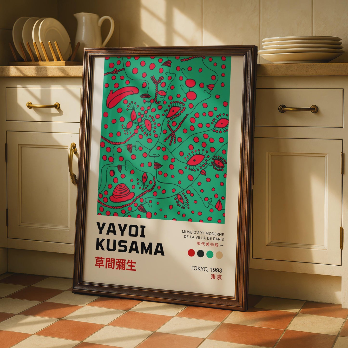 Yayoi Kusama Inspired Art Print, Abstract Floral Wall Art, Contemporary Green Red Design, Gallery wall art print
