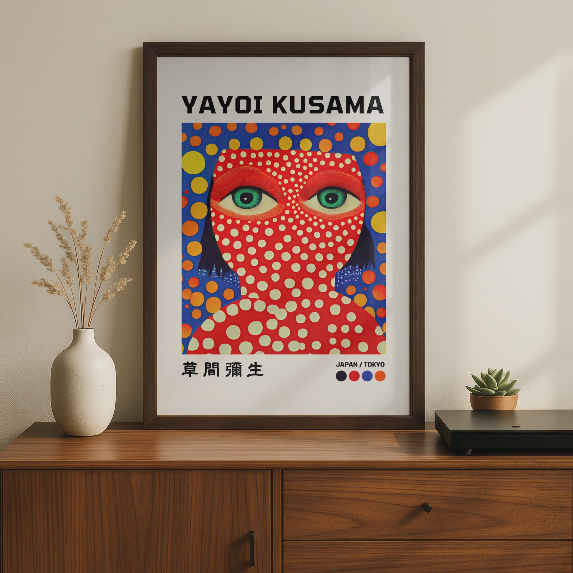 Yayoi Kusama Inspired Art Print, Bold Polka Dot Portrait, Japanese Wall Art, Colourful Decor wall art print