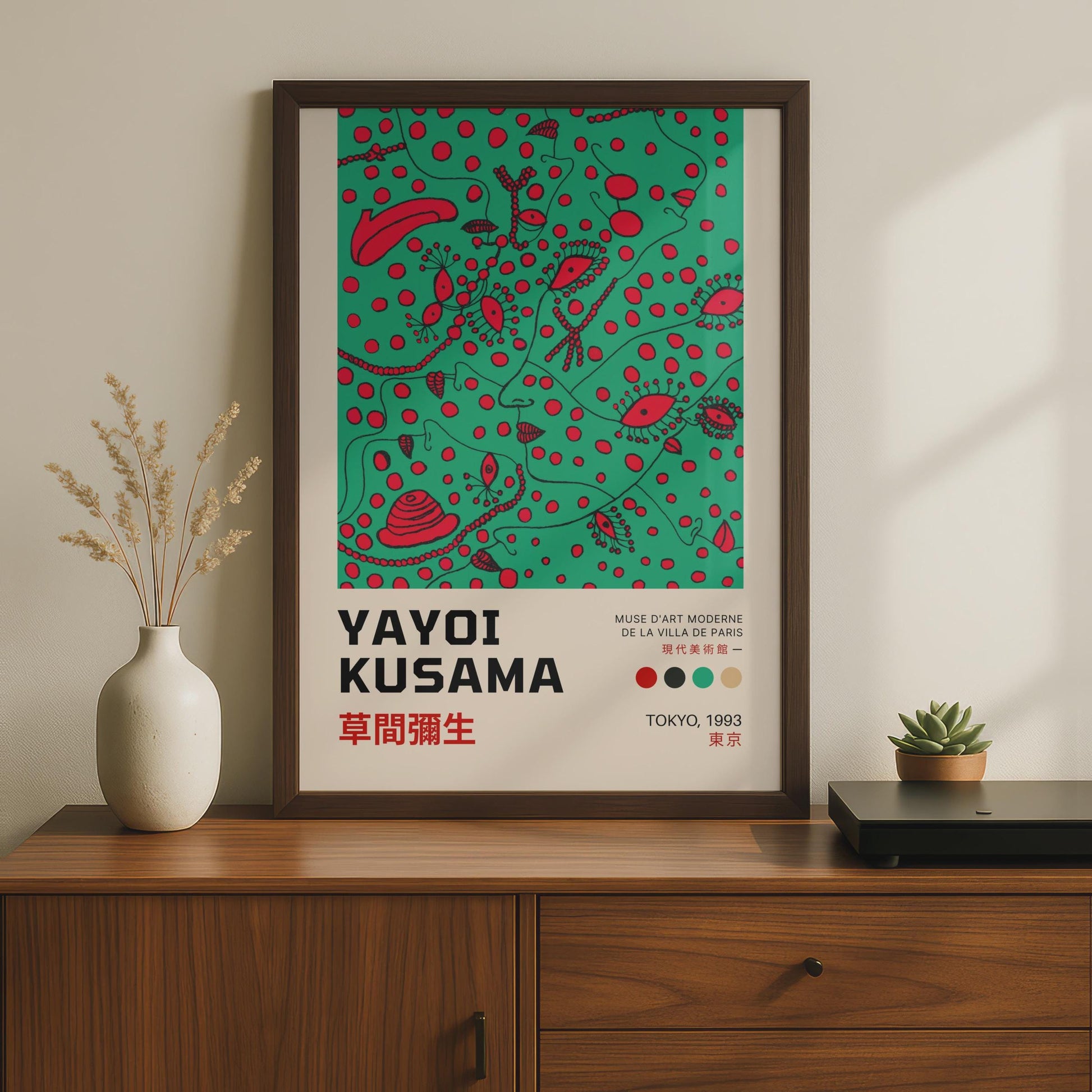 Yayoi Kusama Inspired Art Print, Abstract Floral Wall Art, Contemporary Green Red Design, Gallery wall art print