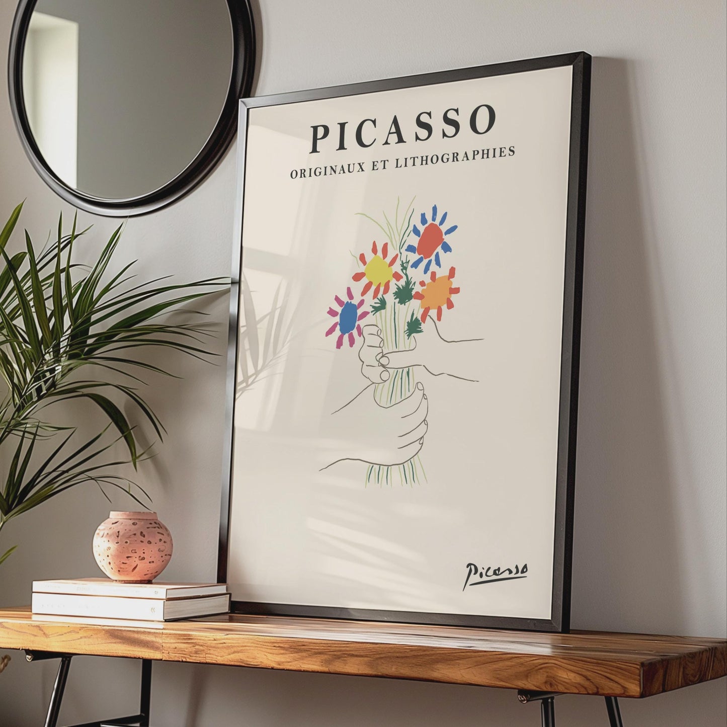 Picasso Floral Art Print, Colourful Hands Holding Flowers, Minimalist Wall Art, Modern Decor wall art print
