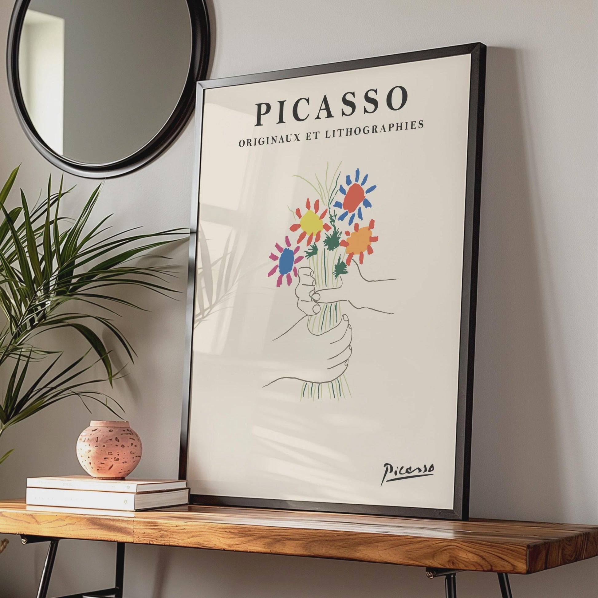 Picasso Floral Art Print, Colourful Hands Holding Flowers, Minimalist Wall Art, Modern Decor wall art print
