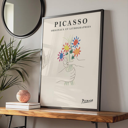 Picasso Floral Art Print, Colourful Hands Holding Flowers, Minimalist Wall Art, Modern Decor wall art print