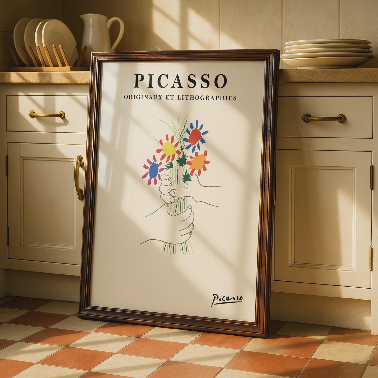 Picasso Floral Art Print, Colourful Hands Holding Flowers, Minimalist Wall Art, Modern Decor wall art print