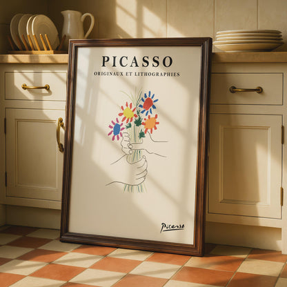 Picasso Floral Art Print, Colourful Hands Holding Flowers, Minimalist Wall Art, Modern Decor wall art print