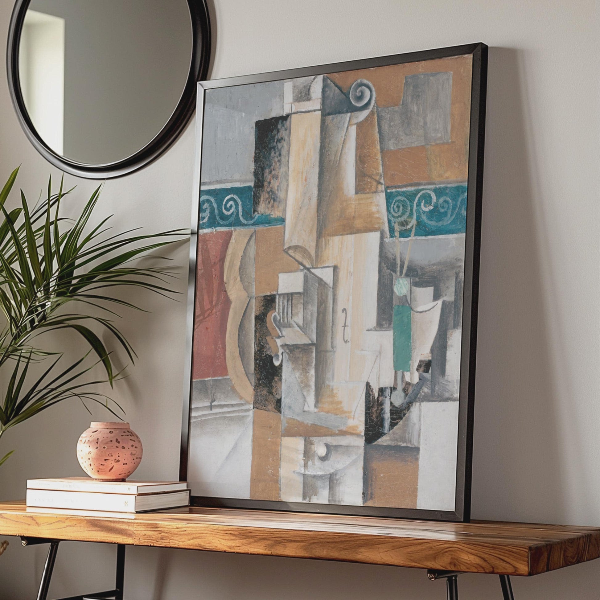 Cubist Violin Art Print, Abstract Music Poster, Beige Teal Brown Decor wall art print