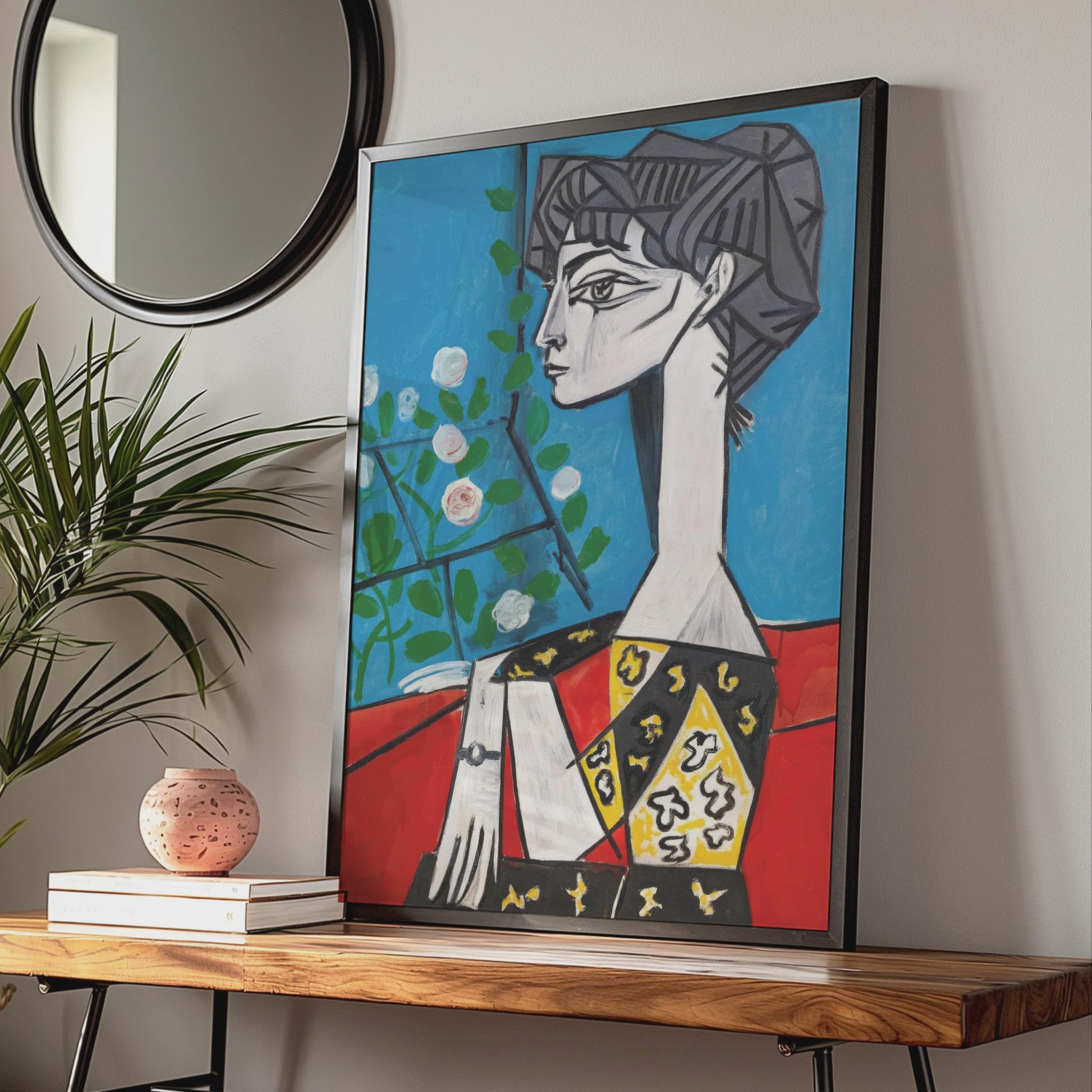 Modernist Woman Portrait Art Print, Picasso Style Wall Art, Colourful Flower Motif, Stylish Home wall art print