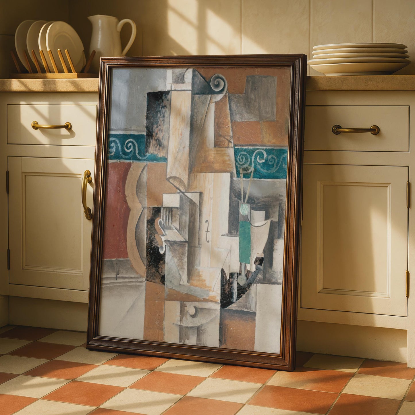 Cubist Violin Art Print, Abstract Music Poster, Beige Teal Brown Decor wall art print