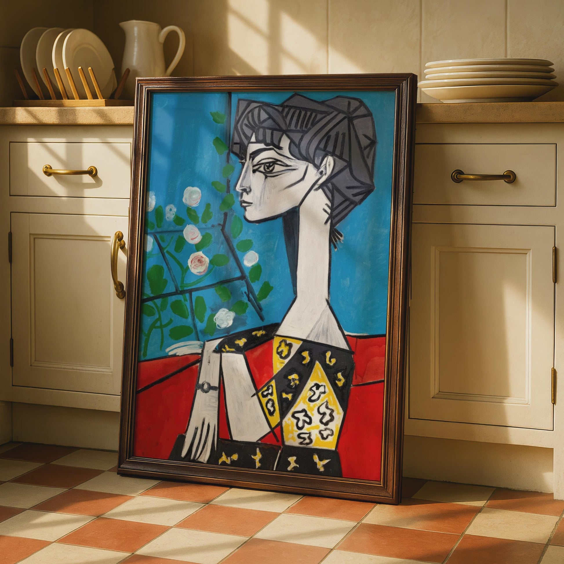 Modernist Woman Portrait Art Print, Picasso Style Wall Art, Colourful Flower Motif, Stylish Home wall art print