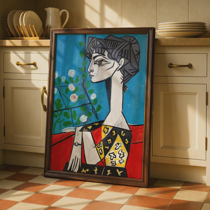 Modernist Woman Portrait Art Print, Picasso Style Wall Art, Colourful Flower Motif, Stylish Home wall art print