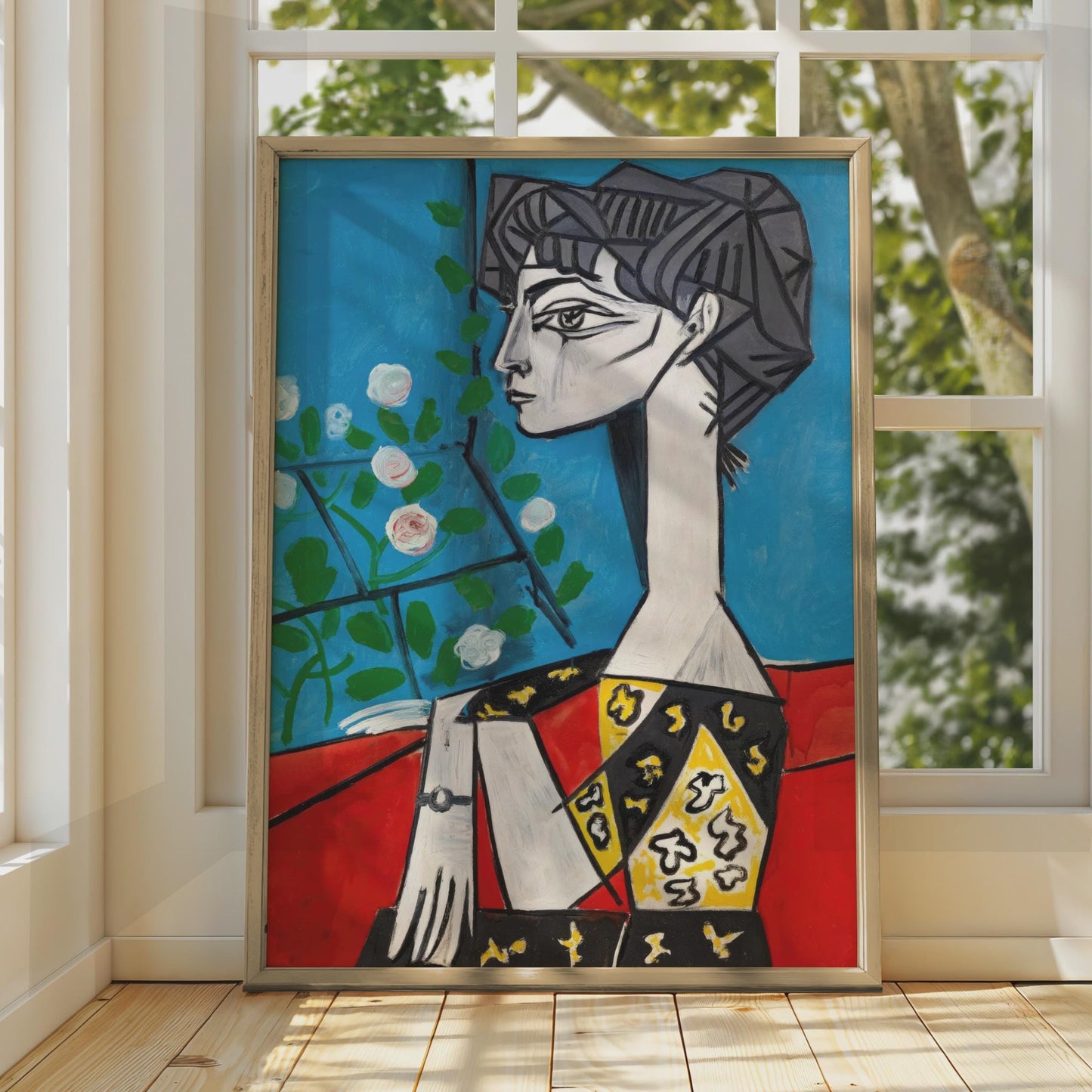 Modernist Woman Portrait Art Print, Picasso Style Wall Art, Colourful Flower Motif, Stylish Home wall art print