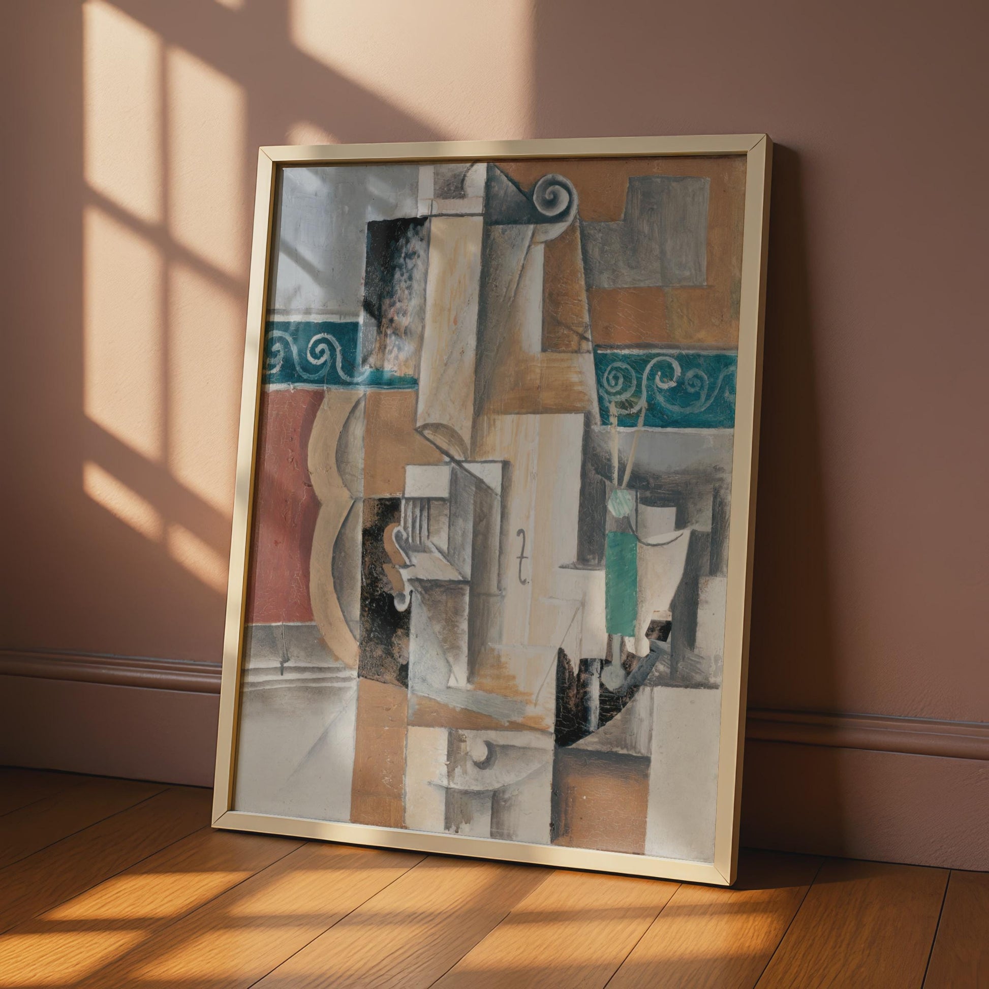 Cubist Violin Art Print, Abstract Music Poster, Beige Teal Brown Decor wall art print