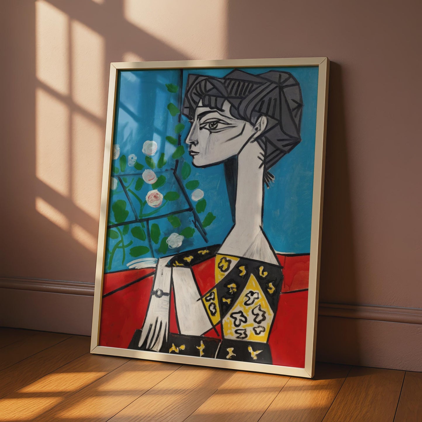 Modernist Woman Portrait Art Print, Picasso Style Wall Art, Colourful Flower Motif, Stylish Home wall art print