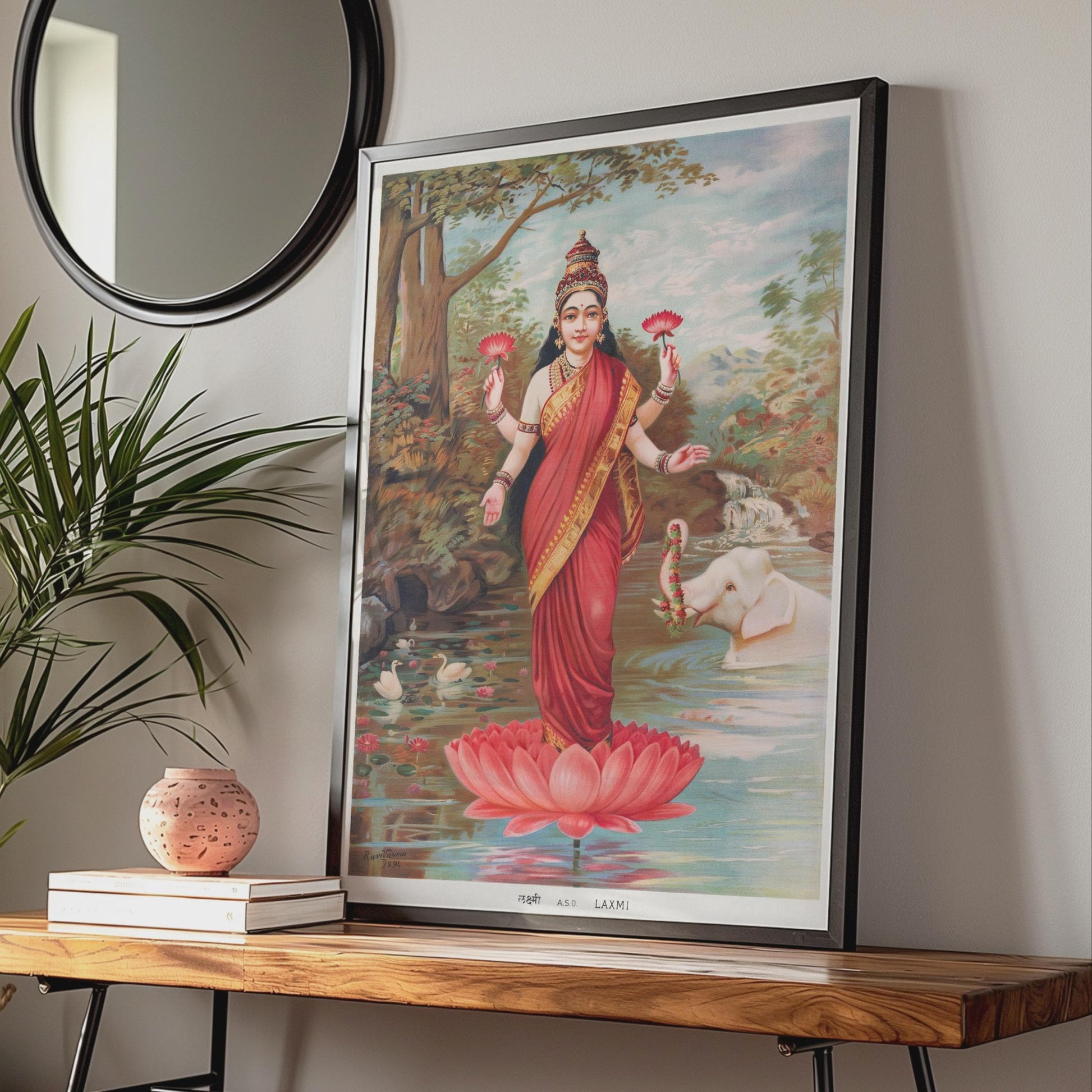 Lakshmi Hindu Goddess Poster, Vintage Raja Ravi Varma 1894 Art Print, Lotus Wall Art wall art print