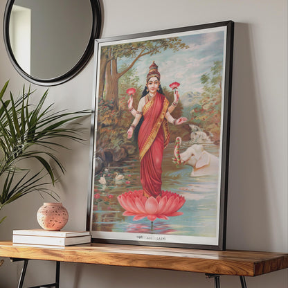 Lakshmi Hindu Goddess Poster, Vintage Raja Ravi Varma 1894 Art Print, Lotus Wall Art wall art print