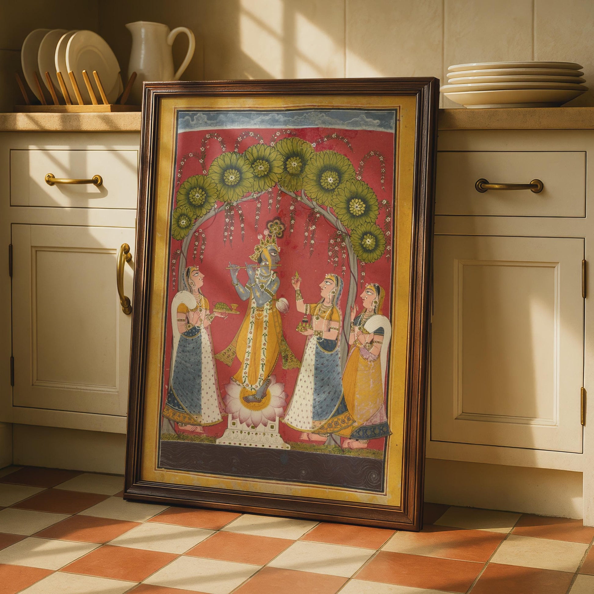 Krishna Flute Poster, Indian Miniature Art Print, Hindu God Wall Art, Mughal Style wall art print