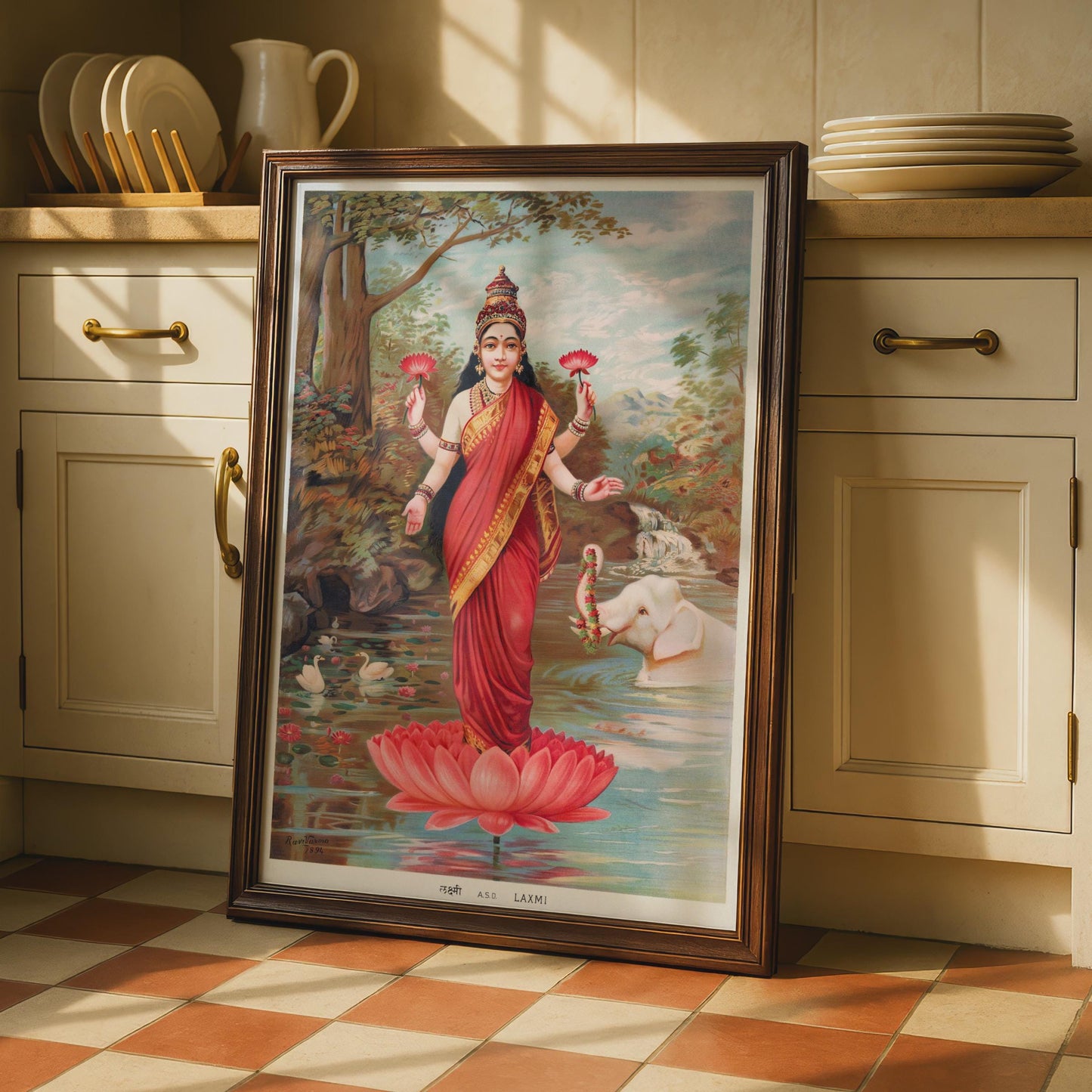 Lakshmi Hindu Goddess Poster, Vintage Raja Ravi Varma 1894 Art Print, Lotus Wall Art wall art print