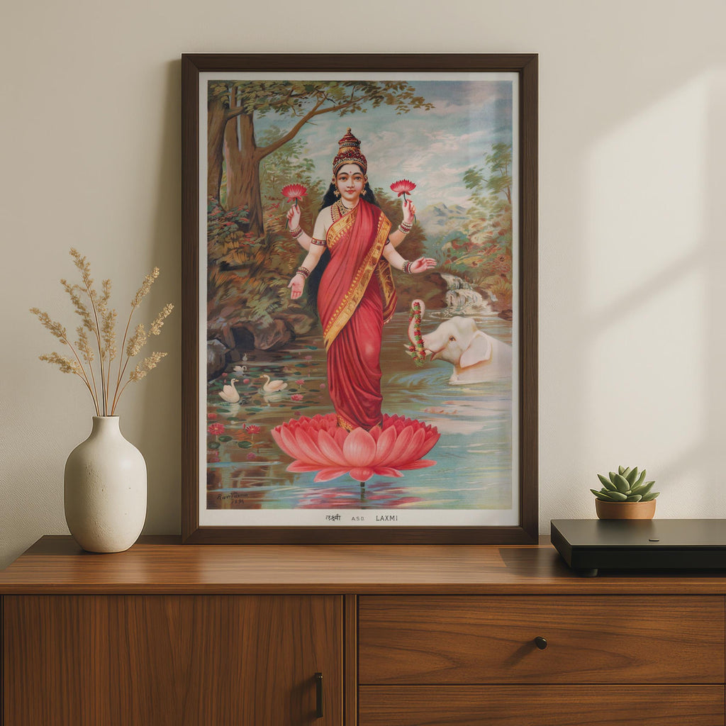 Lakshmi Hindu Goddess Poster, Vintage Raja Ravi Varma 1894 Art Print, Lotus Wall Art wall art print