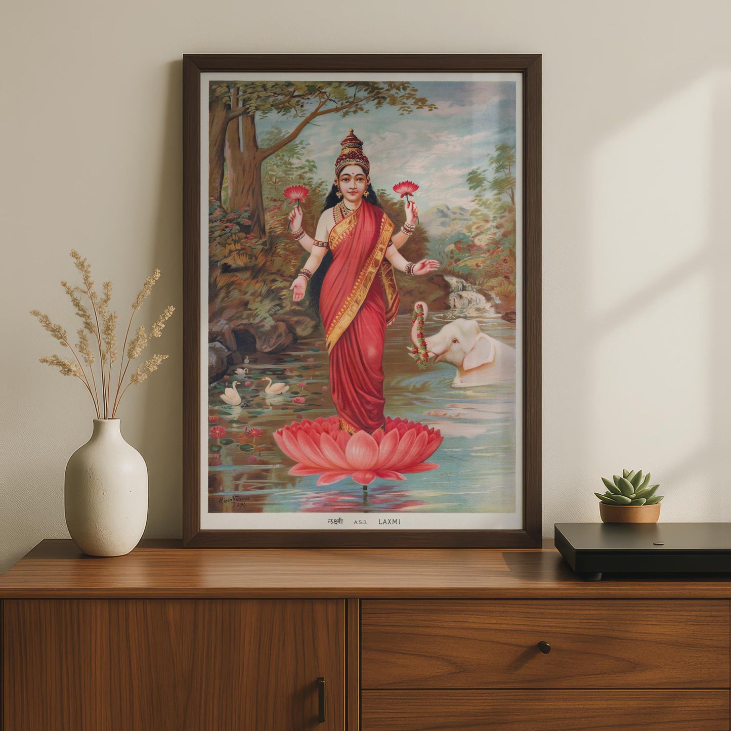 Lakshmi Hindu Goddess Poster, Vintage Raja Ravi Varma 1894 Art Print, Lotus Wall Art wall art print